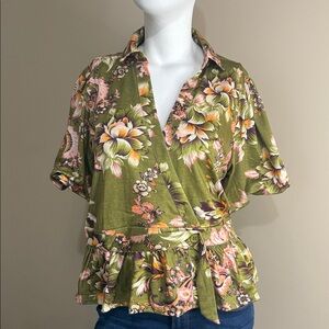 T.E. By Tracy Evans Olive and Pink Floral Wrap Blouse NWT